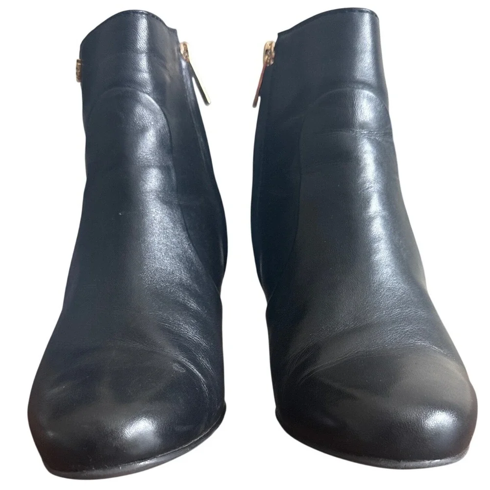 Tory Burch Milan 85mm Wedge Leather Booties Black Gold Logo Size 8